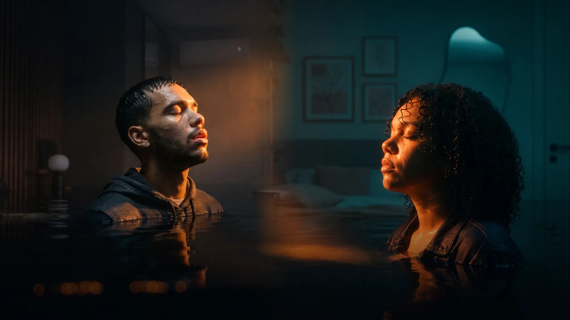 Davi e Sara, cada um no seu quarto alagado, sob o mesmo feixe de luz