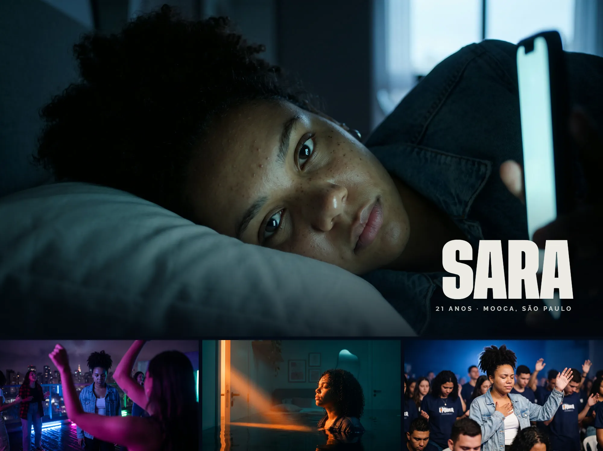Sara, 21 anos, da Mooca, no escuro com o celular